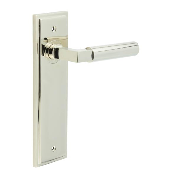 This is an image showing the Frelan - Westminster Door Handle Latch Backplate Polished Nickel available to order from T.H. Wiggans Ironmongery in Kendal