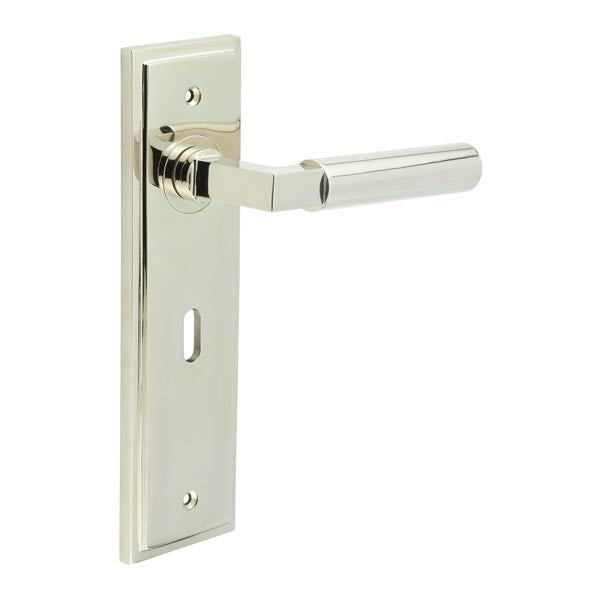 This is an image showing the Frelan - Westminster Door Handle Lock Backplate Polished Nickel available to order from T.H. Wiggans Ironmongery in Kendal