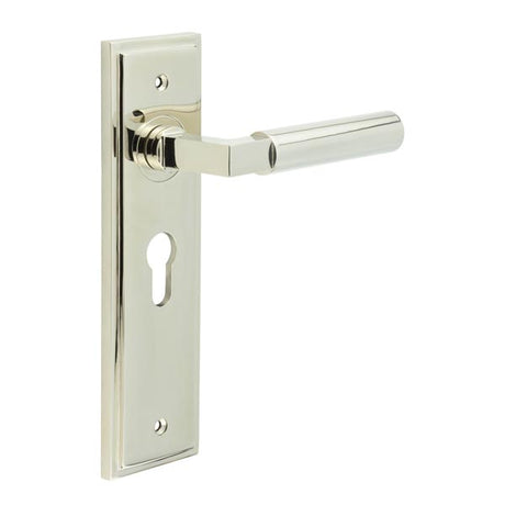 This is an image showing the Frelan - Westminster Door Handle Euro Backplate Polished Nickel available to order from T.H. Wiggans Ironmongery in Kendal