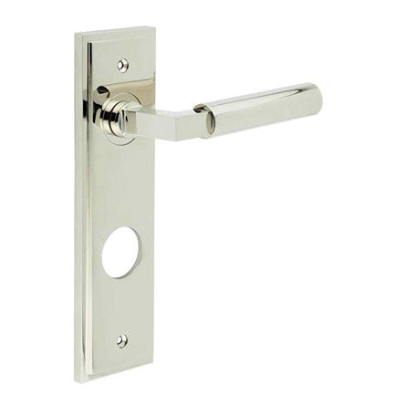 This is an image showing the Frelan - Westminster Door Handle Din Bathroom Backplate Polished Nickel available to order from T.H. Wiggans Ironmongery in Kendal