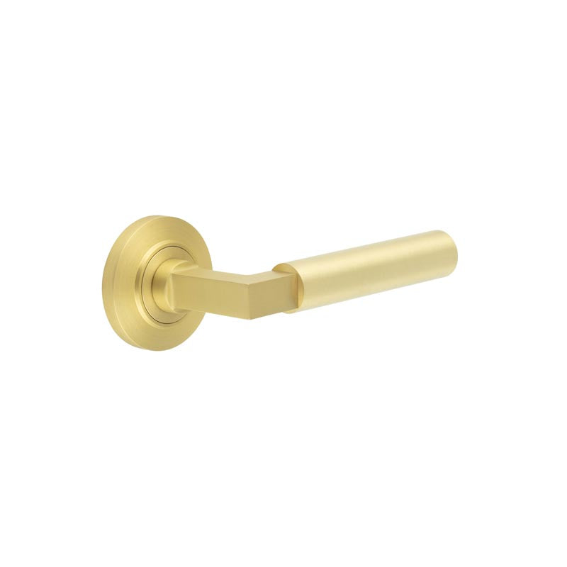 This is an image showing the Frelan - Westminster Door Handles Chamfered Rose Satin Brass available to order from T.H. Wiggans Ironmongery in Kendal