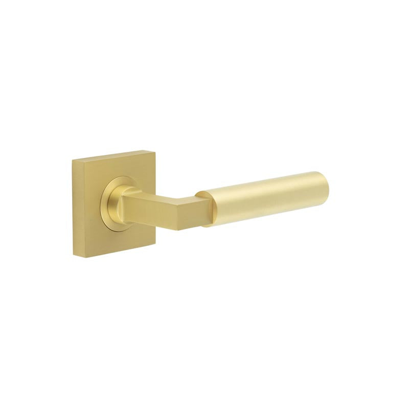 This is an image showing the Frelan - Westminster Door Handles Square Plain Satin Brass available to order from T.H. Wiggans Ironmongery in Kendal