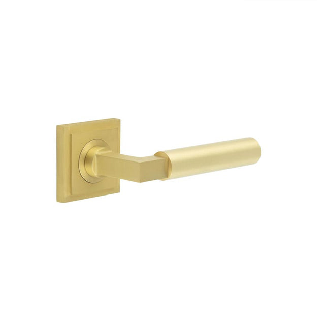 This is an image showing the Frelan - Westminster Door Handles Square Stepped Satin Brass available to order from T.H. Wiggans Ironmongery in Kendal