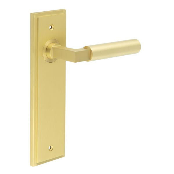 This is an image showing the Frelan - Westminster Door Handle Latch Backplate Satin Brass available to order from T.H. Wiggans Ironmongery in Kendal