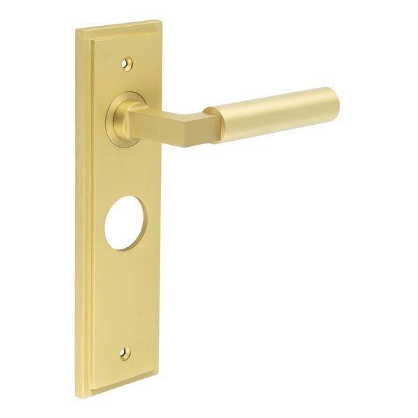 This is an image showing the Frelan - Westminster Door Handle Bathroom Backplate Satin Brass available to order from T.H. Wiggans Ironmongery in Kendal