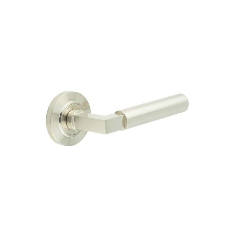 This is an image showing the Frelan - Westminster Door Handles Chamfered Rose Satin Nickel available to order from T.H. Wiggans Ironmongery in Kendal