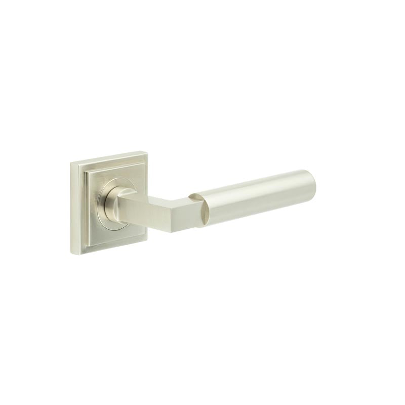 This is an image showing the Frelan - Westminster Door Handles Square Stepped Satin Nickel available to order from T.H. Wiggans Ironmongery in Kendal