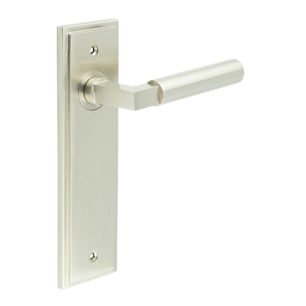 This is an image showing the Frelan - Westminster Door Handle Latch Backplate Satin Nickel available to order from T.H. Wiggans Ironmongery in Kendal