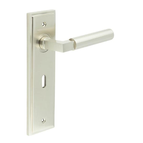 This is an image showing the Frelan - Westminster Door Handle Lock Backplate Satin Nickel available to order from T.H. Wiggans Ironmongery in Kendal