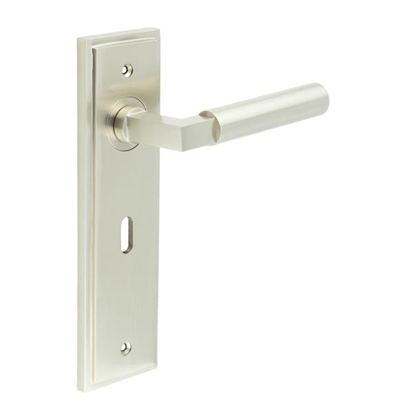 This is an image showing the Frelan - Westminster Door Handle Lock Backplate Satin Nickel available to order from T.H. Wiggans Ironmongery in Kendal