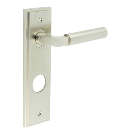 This is an image showing the Frelan - Westminster Door Handle Din Bathroom Backplate Satin Nickel available to order from T.H. Wiggans Ironmongery in Kendal