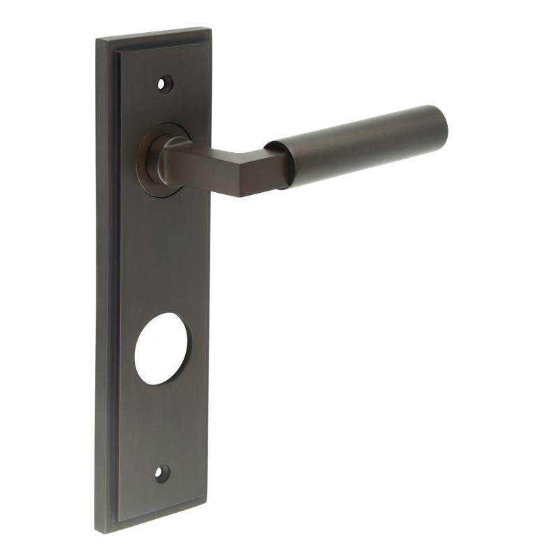 This is an image showing the Frelan - Westminster Door Handle Din Bathroom Backplate Dark Bronze available to order from T.H. Wiggans Ironmongery in Kendal