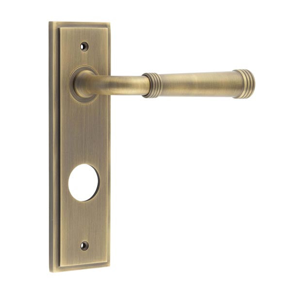 This is an image showing the Frelan - Highgate Door Handle Din Bathroom Backplate Antique Brass available to order from T.H. Wiggans Ironmongery in Kendal