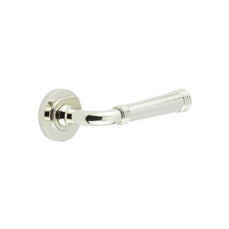 This is an image showing the Frelan - Highgate Door Handles Plain Rose Polished Nickel available to order from T.H. Wiggans Ironmongery in Kendal