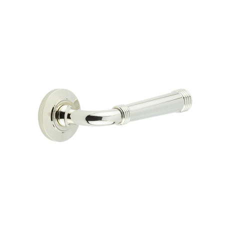 This is an image showing the Frelan - Highgate Door Handles Chamfered Rose Polished Nickel available to order from T.H. Wiggans Ironmongery in Kendal