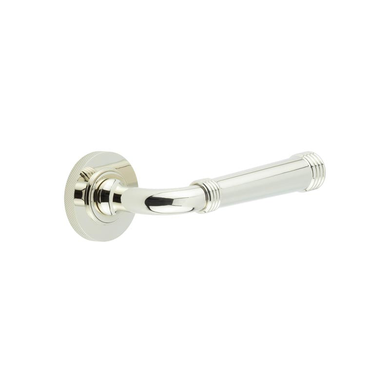 This is an image showing the Frelan - Highgate Door Handles Knurled Rose Polished Nickel available to order from T.H. Wiggans Ironmongery in Kendal