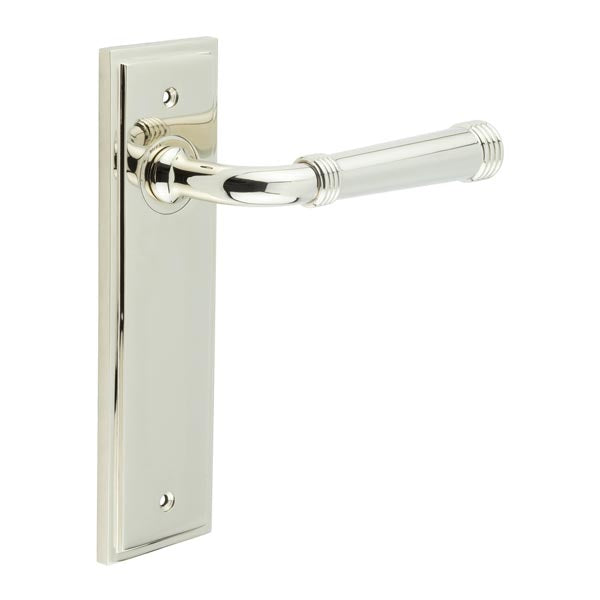 This is an image showing the Frelan - Highgate Door Handle Latch Backplate Polished Nickel available to order from T.H. Wiggans Ironmongery in Kendal