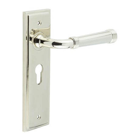 This is an image showing the Frelan - Highgate Door Handle Euro Backplate Polished Nickel available to order from T.H. Wiggans Ironmongery in Kendal