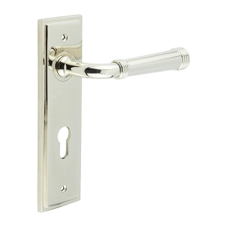 This is an image showing the Frelan - Highgate Door Handle Din Euro Backplate Polished Nickel available to order from T.H. Wiggans Ironmongery in Kendal