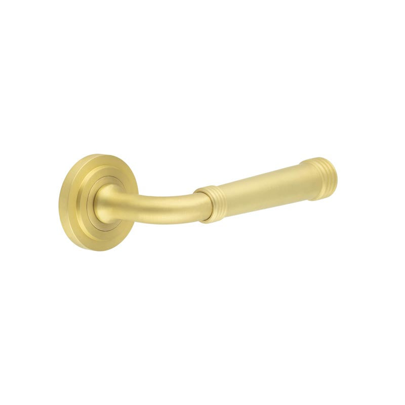 This is an image showing the Frelan - Highgate Door Handles Stepped Rose Satin Brass available to order from T.H. Wiggans Ironmongery in Kendal