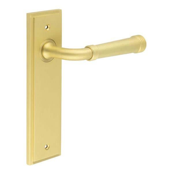 This is an image showing the Frelan - Highgate Door Handle Latch Backplate Satin Brass available to order from T.H. Wiggans Ironmongery in Kendal