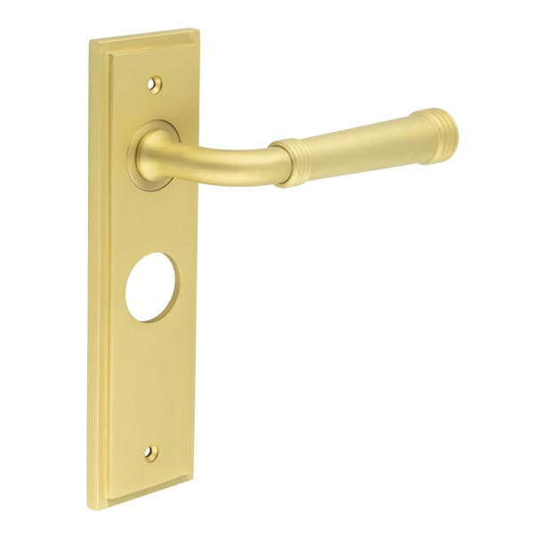 This is an image showing the Frelan - Highgate Door Handle Bathroom Backplate Satin Brass available to order from T.H. Wiggans Ironmongery in Kendal