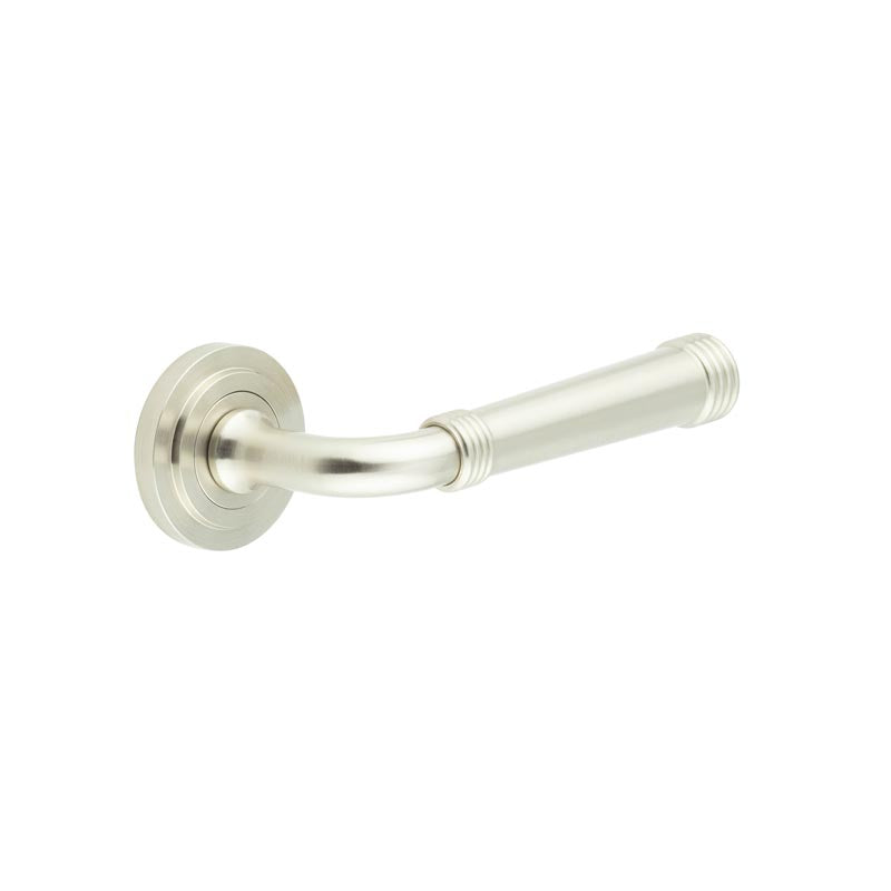 This is an image showing the Frelan - Highgate Door Handles Stepped Rose Satin Nickel available to order from T.H. Wiggans Ironmongery in Kendal