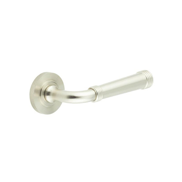 This is an image showing the Frelan - Highgate Door Handles Knurled Rose Satin Nickel available to order from T.H. Wiggans Ironmongery in Kendal