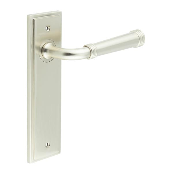 This is an image showing the Frelan - Highgate Door Handle Latch Backplate Satin Nickel available to order from T.H. Wiggans Ironmongery in Kendal