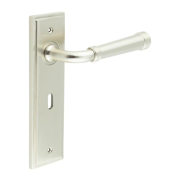 This is an image showing the Frelan - Highgate Door Handle Lock Backplate Satin Nickel available to order from T.H. Wiggans Ironmongery in Kendal