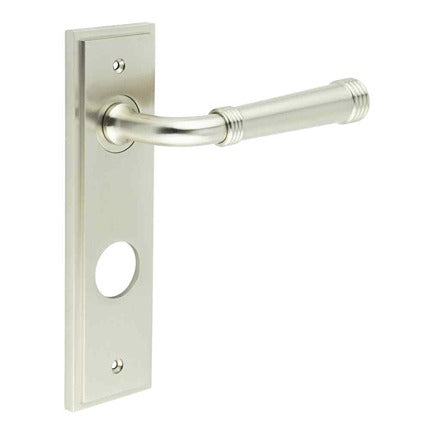 This is an image showing the Frelan - Highgate Door Handle Din Bathroom Backplate Satin Nickel available to order from T.H. Wiggans Ironmongery in Kendal