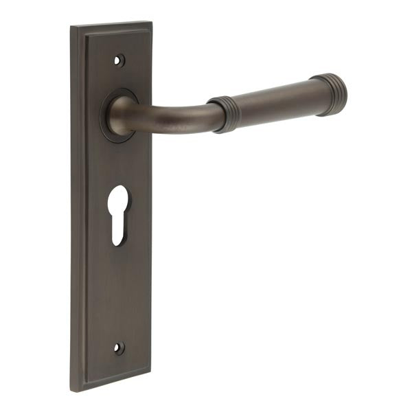 This is an image showing the Frelan - Highgate Door Handle Euro Backplate Dark Bronze available to order from T.H. Wiggans Ironmongery in Kendal