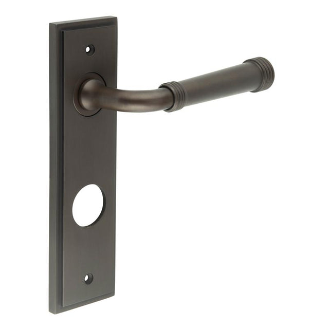 This is an image showing the Frelan - Highgate Door Handle Din Bathroom Backplate Dark Bronze available to order from T.H. Wiggans Ironmongery in Kendal