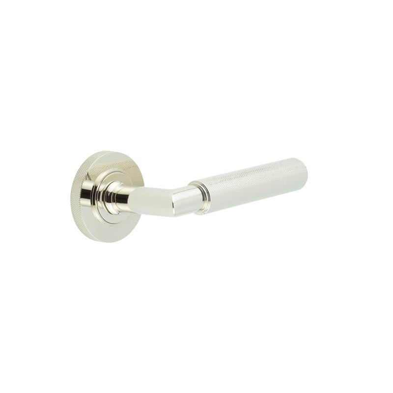 This is an image showing the Frelan - Piccadilly Door Handle on Knurled Rose Polished Nickel available to order from T.H. Wiggans Ironmongery in Kendal