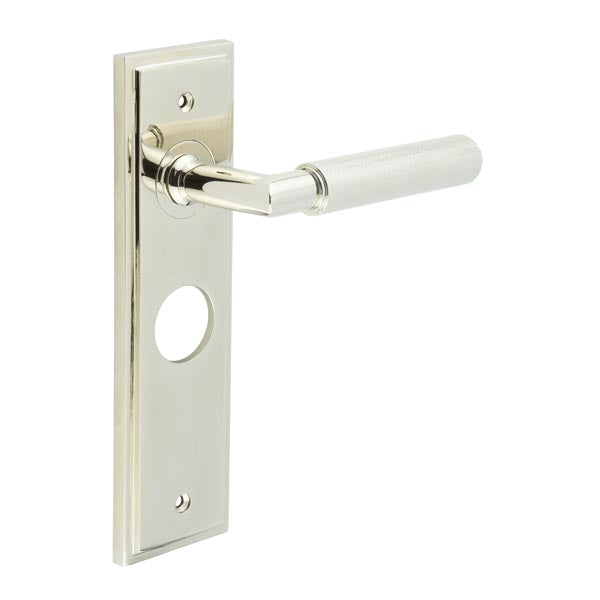 This is an image showing the Frelan - Piccadilly Door Handle Bathroom Backplate Polished Nickel available to order from T.H. Wiggans Ironmongery in Kendal