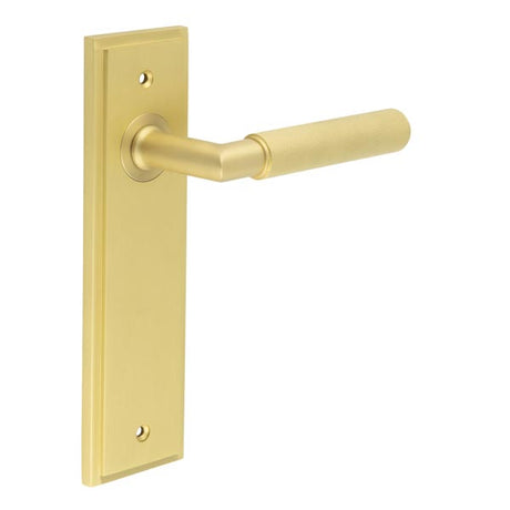 This is an image showing the Frelan - Piccadilly Door Handle Latch Backplate Satin Brass available to order from T.H. Wiggans Ironmongery in Kendal