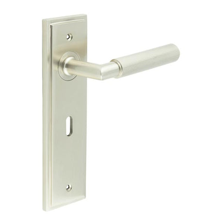 This is an image showing the Frelan - Piccadilly Door Handle Lock Backplate Satin Nickel available to order from T.H. Wiggans Ironmongery in Kendal