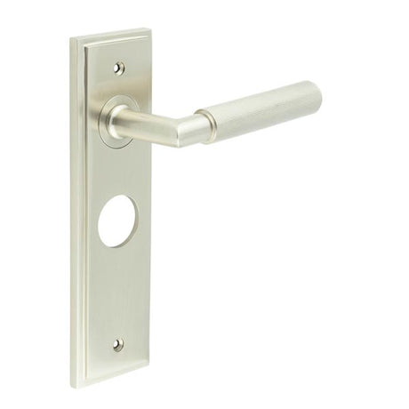 This is an image showing the Frelan - Piccadilly Door Handle Bathroom Backplate Satin Nickel available to order from T.H. Wiggans Ironmongery in Kendal