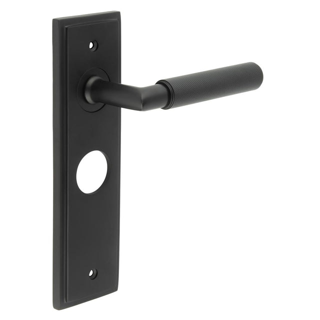 This is an image showing the Frelan - Piccadilly Door Handle Bathroom Backplate Matt Black available to order from T.H. Wiggans Ironmongery in Kendal