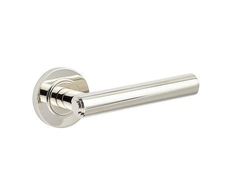 This is an image showing the Frelan - Richmond Door Handles Plain Rose Polished Nickel available to order from T.H. Wiggans Ironmongery in Kendal