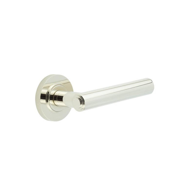 This is an image showing the Frelan - Richmond Door Handles Knurled Rose Polished Nickel available to order from T.H. Wiggans Ironmongery in Kendal