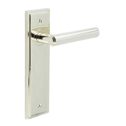 This is an image showing the Frelan - Richmond Door Handle Latch Backplate Polished Nickel available to order from T.H. Wiggans Ironmongery in Kendal