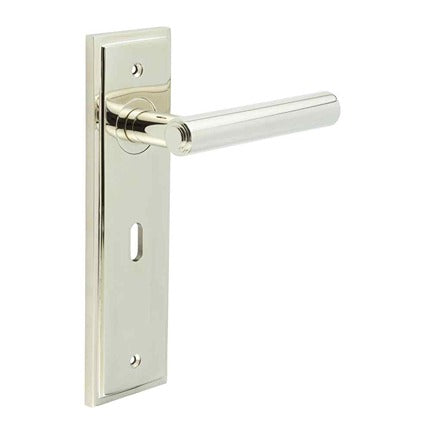 This is an image showing the Frelan - Richmond Door Handle Lock Backplate Polished Nickel available to order from T.H. Wiggans Ironmongery in Kendal