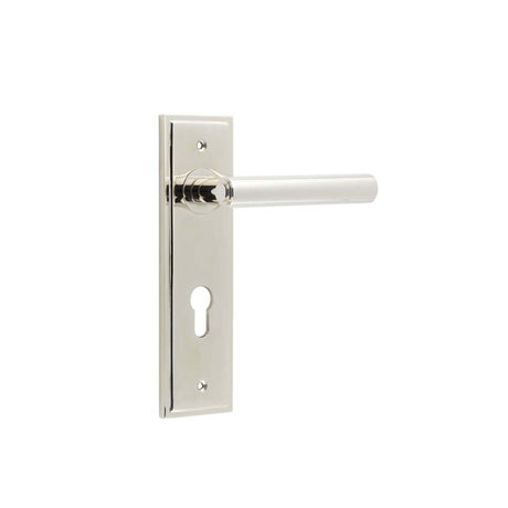 This is an image showing the Frelan - Richmond Door Handle Din Euro Backplate Polished Nickel available to order from T.H. Wiggans Ironmongery in Kendal