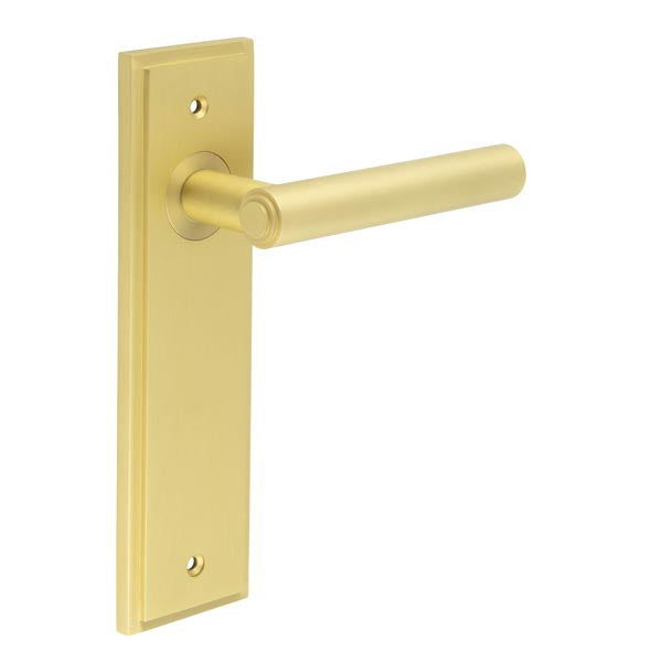 This is an image showing the Frelan - Richmond Door Handle Latch Backplate Satin Brass available to order from T.H. Wiggans Ironmongery in Kendal