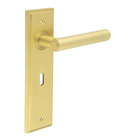 This is an image showing the Frelan - Richmond Door Handle Lock Backplate Satin Brass available to order from T.H. Wiggans Ironmongery in Kendal