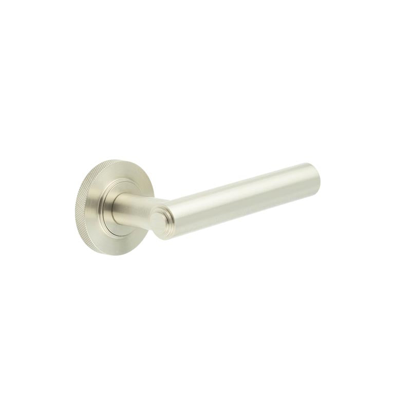 This is an image showing the Frelan - Richmond Door Handles Knurled Rose Satin Nickel available to order from T.H. Wiggans Ironmongery in Kendal