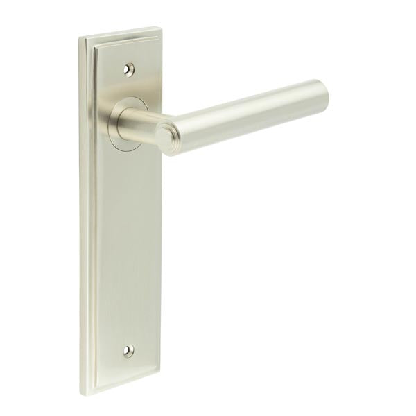 This is an image showing the Frelan - Richmond Door Handle Latch Backplate Satin Nickel available to order from T.H. Wiggans Ironmongery in Kendal