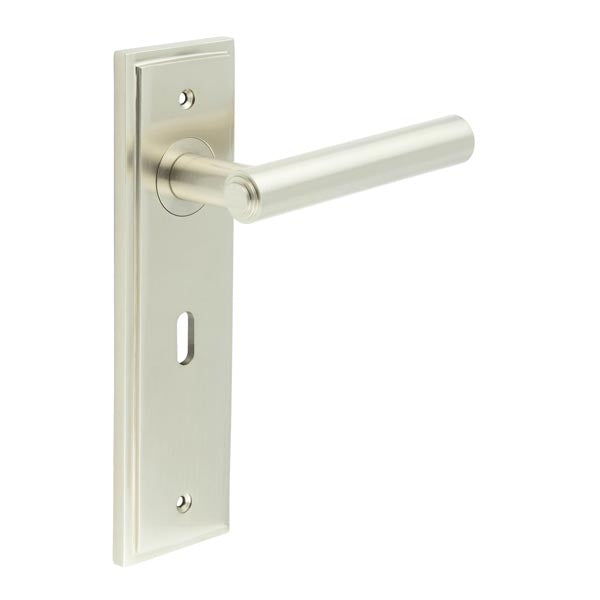 This is an image showing the Frelan - Richmond Door Handle Lock Backplate Satin Nickel available to order from T.H. Wiggans Ironmongery in Kendal