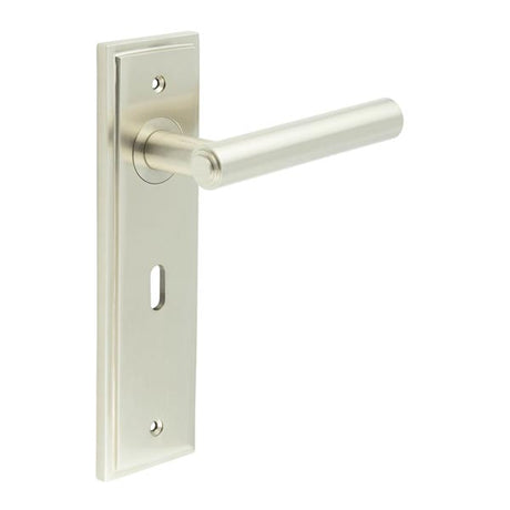 This is an image showing the Frelan - Richmond Door Handle Lock Backplate Satin Nickel available to order from T.H. Wiggans Ironmongery in Kendal